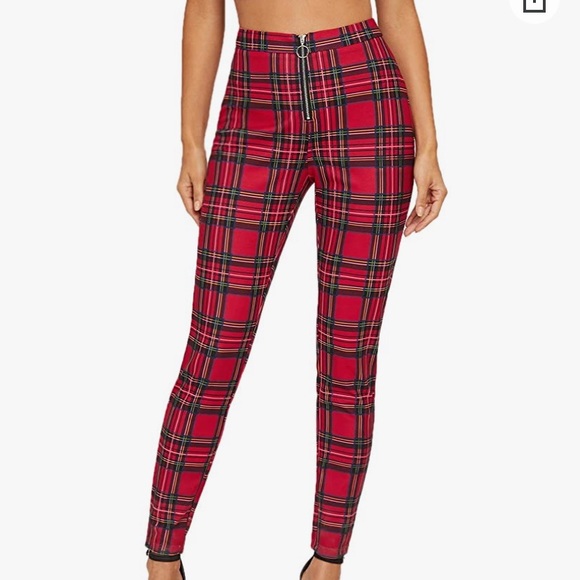 Casual Skinny Leggings Stretchy High Waisted Plaid - Picture 3 of 12